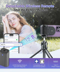 Magnetic Phone Grip Camera Handle With Wireless Shutter Remote for iPhone on tripod outdoors, woman posing for photo