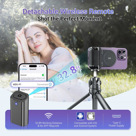 Magnetic Phone Grip Camera Handle With Wireless Shutter Remote for iPhone on tripod outdoors, woman posing for photo