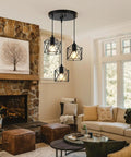 Slick Farmhouse Three Light Pendant With Adjustable Drop Cords Matte Black Hanging Ceiling Lamp above cozy living room setting.