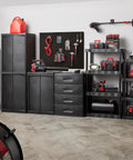 Rock Solid Black 3 Tier Plastic Storage Shelving Unit Badass Heavy Duty Free Standing Rack in garage with equipment.