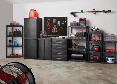 Rock Solid Black 3 Tier Plastic Storage Shelving Unit Badass Heavy Duty Free Standing Rack in garage with equipment.