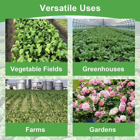 Image showing versatile uses for Biodegradable Garden Weed Barrier Paper Roll in vegetable fields, greenhouses, farms, and gardens.
