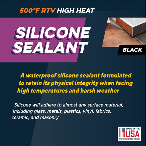 Front view of silicone sealant packaging labeled 500°F RTV high heat, black, USA-made