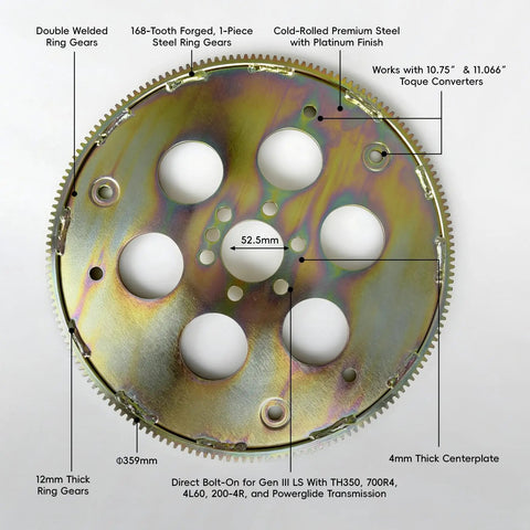 Plug And Play Flexplate Adapter Kit For LS Engine Swaps And Transmissions, Compatible With TH350 200-4R 700R4 And 4L60, Built For Gen III LS Builds, Durable Steel Construction, Ready To Rock Your Next Car Project. 168-tooth steel flexplate with 359mm diameter and 52.5mm center