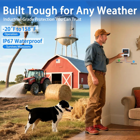 Person using Long-Range Wireless Automatic Water Level Controller for Tank, Well and Cistern in farm setting, dog nearby