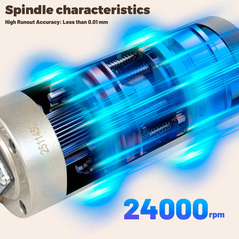 Close-up of Beast 0.8KW Water Cooled Spindle Motor Kit showing internal components and 24000 rpm speed on display
