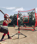 6x6ft Baseball And Softball Net For Hitting Pitching And Throwing Portable Batting Practice Net With Adjustable Strike Zone And Sturdy Bow Frame Includes Tee Great For Kids Red on a field with children playing baseball