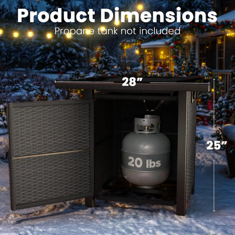 28 Inch Rattan Square Outdoor Gas Fire Pit Table With Glass Wind Guard And Tempered Glass Top Includes Lid 50,000 BTU CSA Listed Weatherproof Wicker On Stainless Steel Frame Black Backyard Patio Deck Garden showing open storage compartment with propane tank inside.