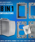 1-Gang Weatherproof Outdoor Outlet With Extra Deep 5 1/4 Inch Lockable Cover, showing 18 configurations and components.