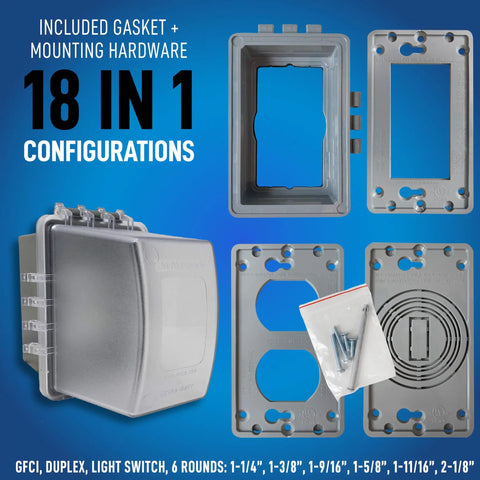 1-Gang Weatherproof Outdoor Outlet With Extra Deep 5 1/4 Inch Lockable Cover, showing 18 configurations and components.