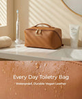 Go To Large Makeup Bag Travel Cosmetic Organizer In PU Leather Flat Open Toiletry Case For Women Wide Opening Pouch on bathroom counter