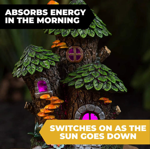 Mystic Gnome Fairy House Solar Light For Outdoor Decor Color Changing Led Garden Lantern with green roof and pink windows