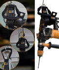Heavy Duty Cord Wrap Straps Kit For Garage Organization And Tool Storage with drill hanging by durable straps.