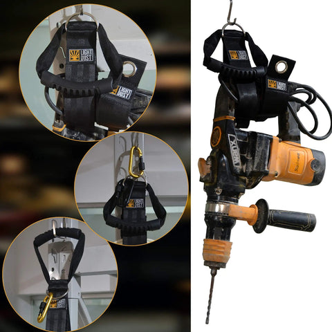 Heavy Duty Cord Wrap Straps Kit For Garage Organization And Tool Storage with drill hanging by durable straps.