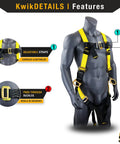 Heavy Duty Double Leg Safety Lanyard With 3 D Ring Harness And External Shock Absorber on mannequin, adjustable straps, pass-through buckles