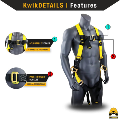 Heavy Duty Double Leg Safety Lanyard With 3 D Ring Harness And External Shock Absorber on mannequin, adjustable straps, pass-through buckles