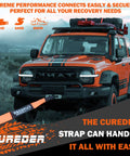 Heavy Duty Tow Strap 3 Inch By 30 Foot Snatch Recovery Rope For Off Road And Truck Towing Lab Tested 35121 Pounds Break Strength attached to orange vehicle in off-road setting.