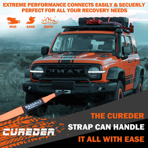 Heavy Duty Tow Strap 3 Inch By 30 Foot Snatch Recovery Rope For Off Road And Truck Towing Lab Tested 35121 Pounds Break Strength attached to orange vehicle in off-road setting.