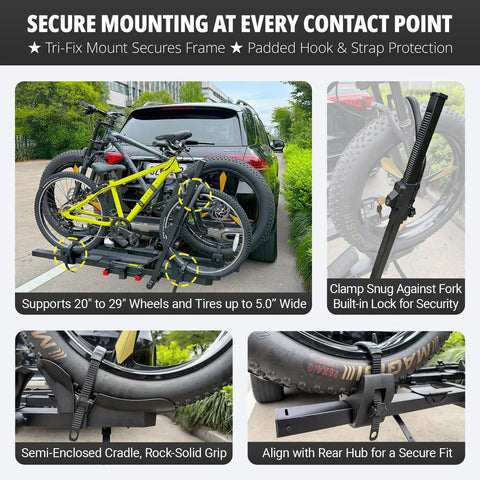 Hitch Mounted Ebike Rack For Two With 46 Inch Ramp Tilt Fold Design Anti Theft Locks And Wheel Locks 170 Lb Capacity Fits 2 Inch Receiver Supports Fat Tires Up To 5 Inches For Car SUV Truck Or RV, bike wheel clamp details