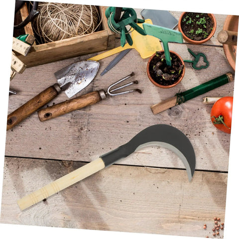 Long Handle Gardening Grass Knife Hand Scythe for Weeding and Cultivation, with durable manganese steel blade, on wooden table.