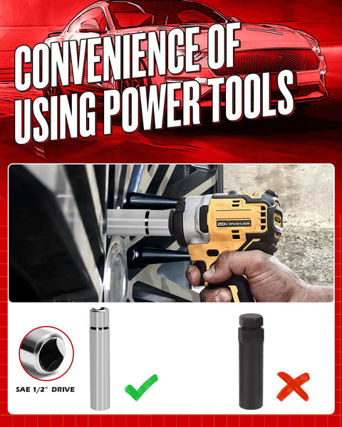 Power tool using Spike Lug Nut Socket Key For Stripped Lug Nuts, 19Mm Hex Universal Drive Spike Lug Nut Socket Tool on a car wheel