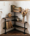 34 Piece Black Iron Pipe Fitting Set With Threaded Holes For DIY Furniture Projects Industrial Vintage Style Malleable Steel Nipples And Couplings Includes Three Quarter Inch Segments For Shelves Tables Racks And More. Corner pipe shelf with wood boards, books, clock, and vase