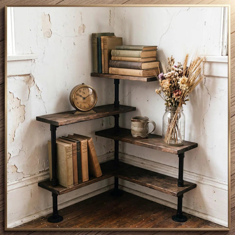 34 Piece Black Iron Pipe Fitting Set With Threaded Holes For DIY Furniture Projects Industrial Vintage Style Malleable Steel Nipples And Couplings Includes Three Quarter Inch Segments For Shelves Tables Racks And More. Corner pipe shelf with wood boards, books, clock, and vase