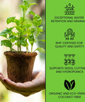 Hand holding plant in coconut coir pot with text about exceptional water retention and RHP certification
