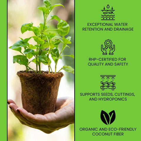 Hand holding plant in coconut coir pot with text about exceptional water retention and RHP certification