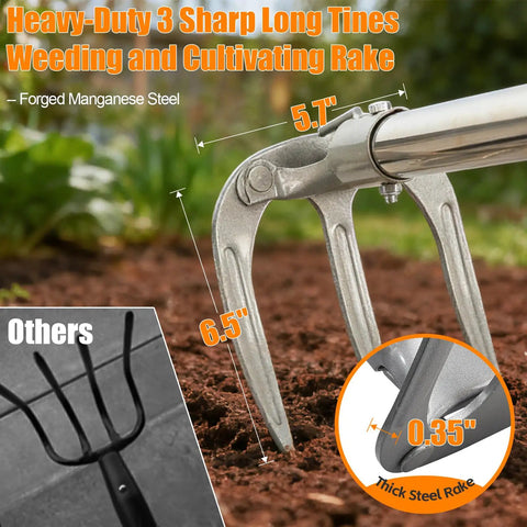 Heavy-duty 3 sharp tines on stand up weeding rake with D grip, 62 inch long handle garden tool for standing weeding, digging, planting.