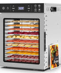 Hella Spacious 12 Tray Food Dehydrator With Stainless Steel Racks For Cranking Out Beef Jerky Dried Fruit Veggie Chips And Garden Herbs A Total Game Changer For Preserving Fresh Harvest Without The Hassle showcasing assorted fruits and beef strips on metal racks.