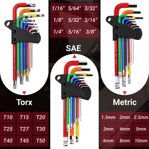 28 Piece Magnetic Allen Wrench And Torx Set With Long Arm Hex Keys In Metric SAE And Star T10 To T50 Torque Handle Ball End CRV Steel Perfect For Bike Repair Automotive And Home DIY, 28-piece set