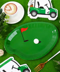 Dope 90 Piece Golf Party Paper Plates And Disposable Napkin Set Featuring Fresh Green Golf Course Layouts With Cool Sports Ball Print Tableware, green golf-themed paper plate.