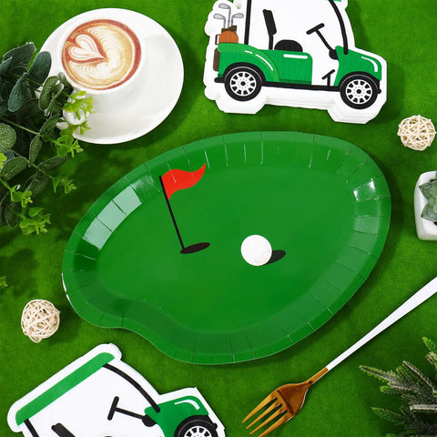 Dope 90 Piece Golf Party Paper Plates And Disposable Napkin Set Featuring Fresh Green Golf Course Layouts With Cool Sports Ball Print Tableware, green golf-themed paper plate.