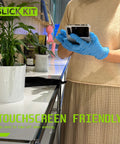 SLICK KIT blue nitrile disposable gloves, 5mil, latex-free/powder-free, medium, pack of 100, worn while using phone.