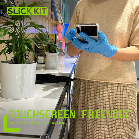 SLICK KIT blue nitrile disposable gloves, 5mil, latex-free/powder-free, medium, pack of 100, worn while using phone.