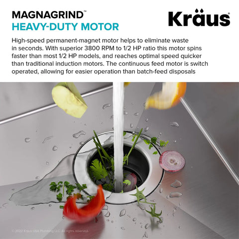 Fresh vegetables being rinsed in 1/2-Horsepower Continuous-Feed Garbage Disposal With Ultra-Quiet Motor, Quick-Connect Mount.