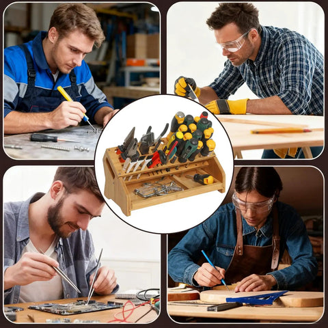 Craftsmen using Eco Friendly Bamboo Screwdriver Organizer And Tool Storage Rack for workbench, small tools neatly organized