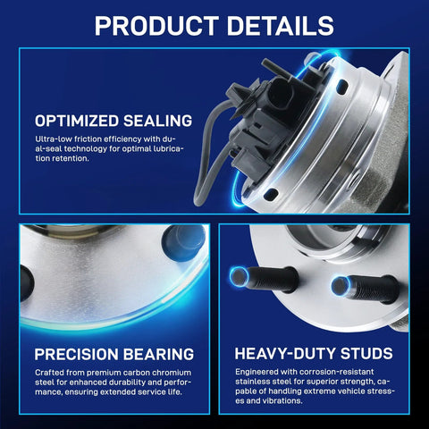 Product details of Front Wheel Hub Bearing Assembly With ABS 5 Lug Bolt On For 2004 2012 Malibu 2008 2010 Cobalt HHR 2005 2010 Pontiac G6 2007 2009 Saturn Aura Front Left And Right Replacement Ready To Roll 513214, highlighting optimized sealing, precision bearing, and heavy-duty studs.