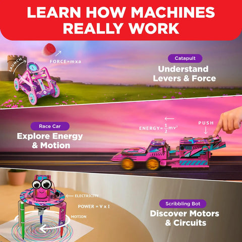 Cool Girls Engineering Kit for Kids Aged 8 and Up With Catapult Machine, Race Car Build, and Scribbling Robot - Hands-On STEM Fun for Young Makers, Ideal Birthday Gift or Holiday Surprise. Catapult, race car, and scribbling bot shown