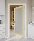 Pine Wood Slab Door With Frosted Glass For Interior Use 36 By 80 Inches Farmhouse Shaker Style installed in a kitchen closet entrance.