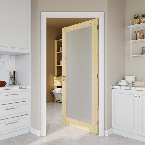Pine Wood Slab Door With Frosted Glass For Interior Use 36 By 80 Inches Farmhouse Shaker Style installed in a kitchen closet entrance.