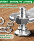 Front view of stainless steel flat and split lock washers kit with bolt and nut, metric sizes M2–M12