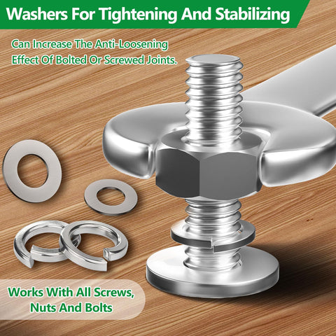 Front view of stainless steel flat and split lock washers kit with bolt and nut, metric sizes M2–M12