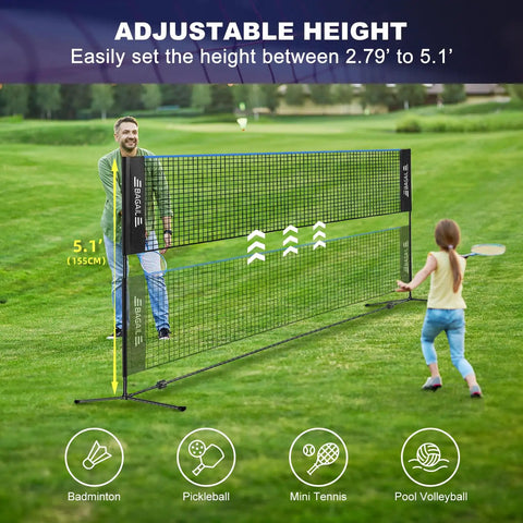 Super Tough All In One Adjustable Badminton Net Up To Five Point One Feet Tall Ideal For Kids Volleyball And Pickleball Quick Setup Portable Sports Net With Bag For Tennis Pool Backyard Games And Indoor Play Ten Feet Long In Blue set up in backyard