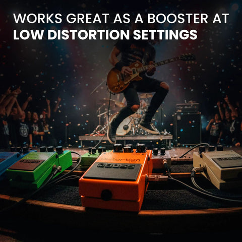 DS1 Distortion Pedal Bundle With Gearlux Power Supply on stage, guitarist performing, vibrant rock concert scene