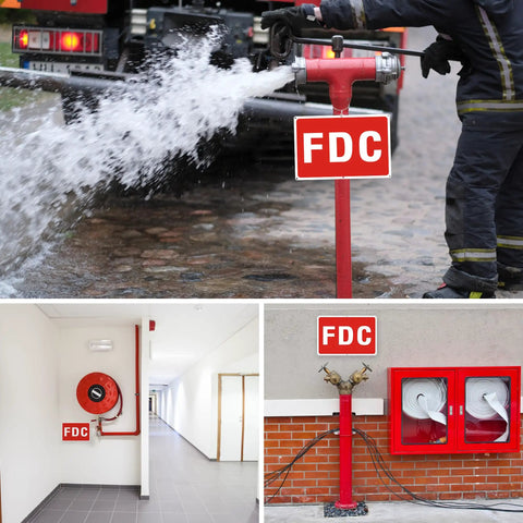 Rock Solid 2 Pack FDC Sign For Fire Department Connection Made From Premium Aluminum Outdoor Plaque High Visibility And Weather Resistant With A Hella Smooth Install At 10 By 7 Inches on fire hydrants and walls.