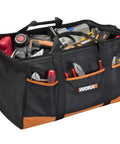 Big Zippered Tool Tote For DIY Pros, Heavy Duty Nylon Case with tools, exterior pockets, twin carry handles, durable organizer