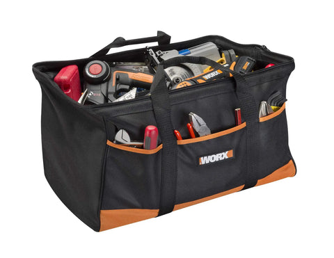 Big Zippered Tool Tote For DIY Pros, Heavy Duty Nylon Case with tools, exterior pockets, twin carry handles, durable organizer