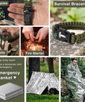19 Piece Survival Kit For Outdoors Lovers Dope Fishing And Hunting Gadgets Included showing compass, whistle, and emergency blanket in use